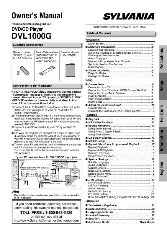 Mode d'emploi SYLVANIA DVL1000G