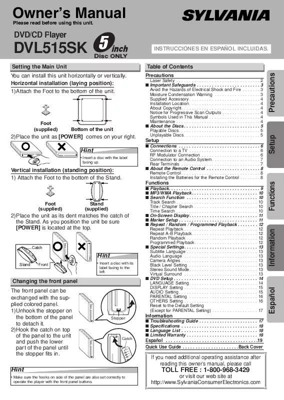 Mode d'emploi SYLVANIA DVL515SK