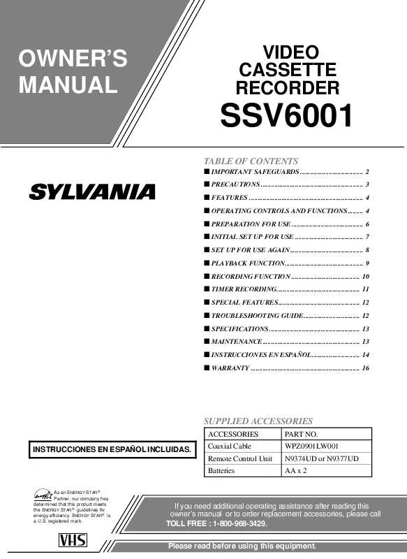 Mode d'emploi SYLVANIA SSV6001