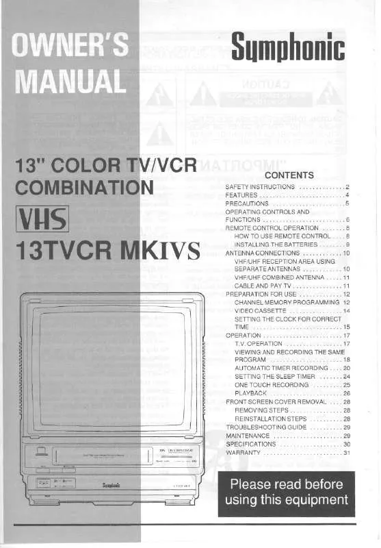 Mode d'emploi SYMPHONIC 13TVCRMKIVS
