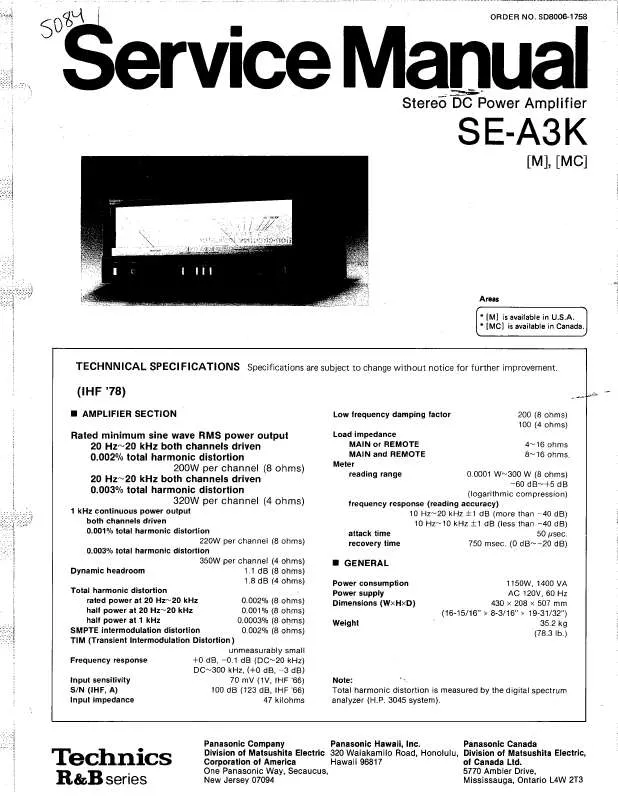 Mode d'emploi TECHNICS SE-A3K