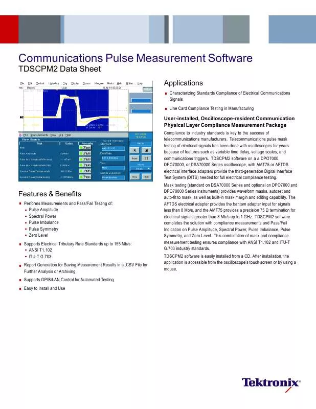 Mode d'emploi TEKTRONIX COMMUNICATIONS PULSE MEASUREMENT SOFTWARE TDSCPM2