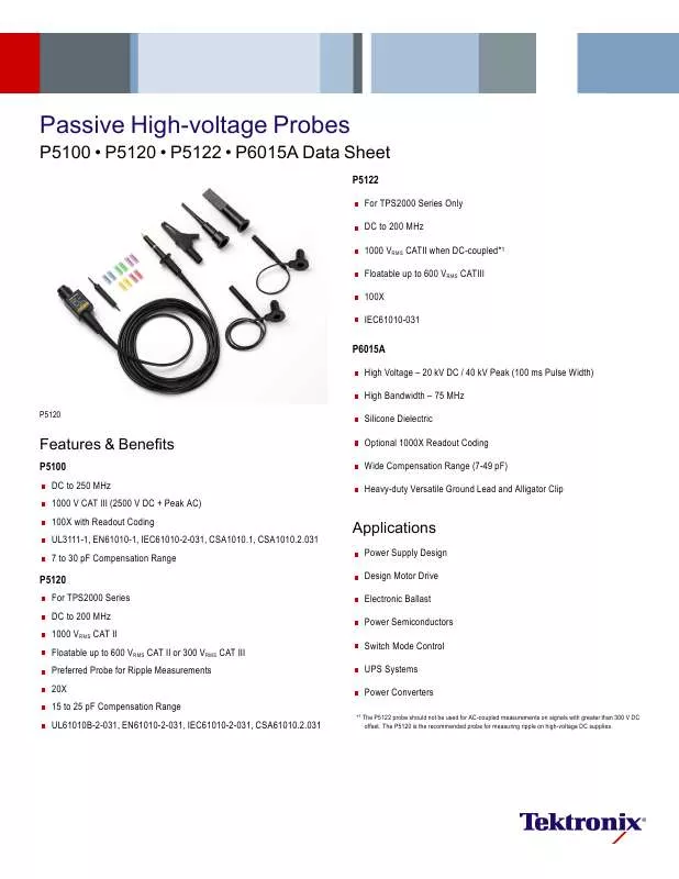 Mode d'emploi TEKTRONIX PASSIVE HIGH-VOLTAGE PROBES P5100