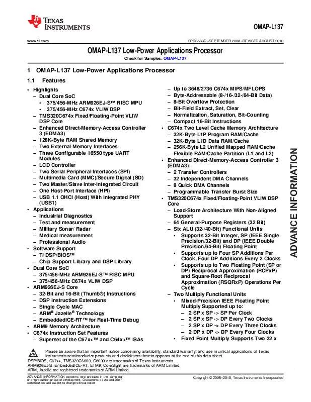 Mode d'emploi TEXAS INSTRUMENTS OMAP-L137