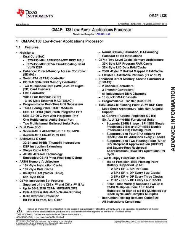 Mode d'emploi TEXAS INSTRUMENTS OMAP-L138