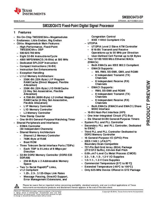 Mode d'emploi TEXAS INSTRUMENTS SM320C6472-EP