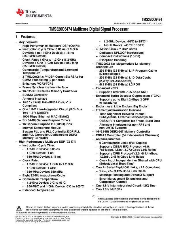 Mode d'emploi TEXAS INSTRUMENTS TMS320C6474