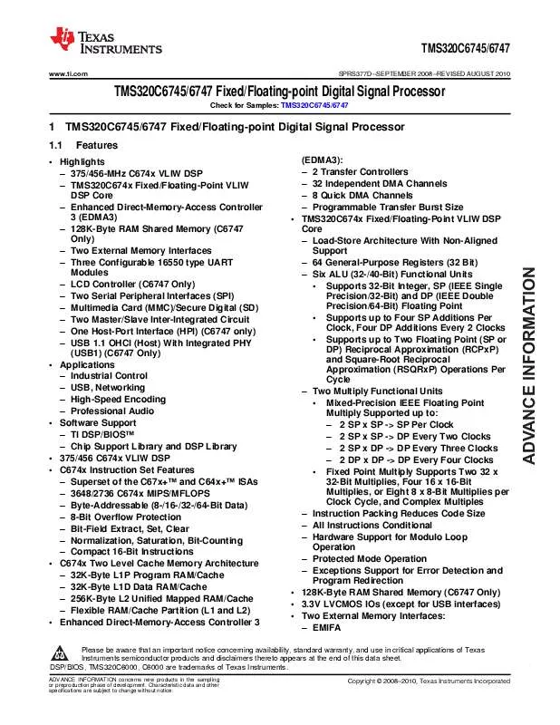 Mode d'emploi TEXAS INSTRUMENTS TMS320C6745C6747