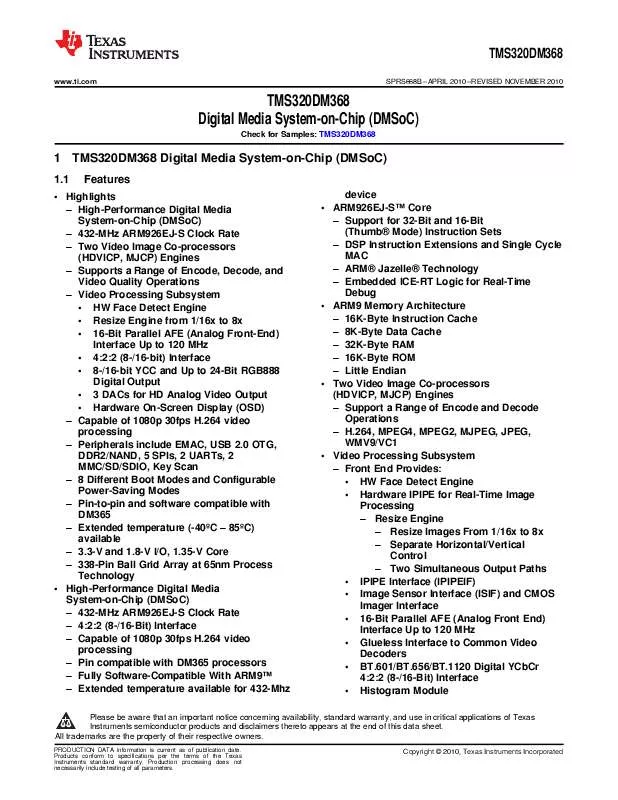 Mode d'emploi TEXAS INSTRUMENTS TMS320DM368