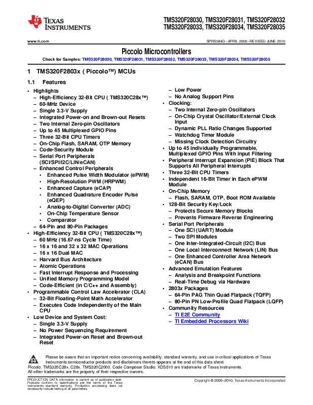 Mode d'emploi TEXAS INSTRUMENTS TMS320F28031