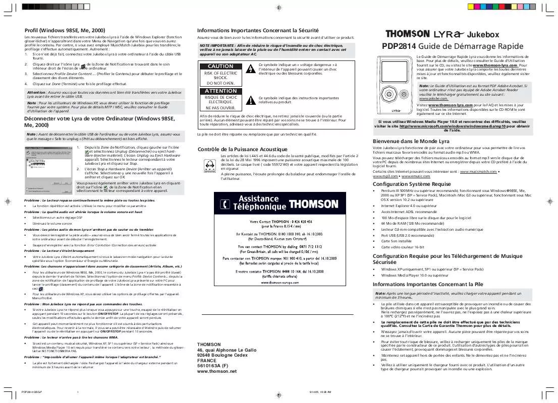 Mode d'emploi THOMSON LYRA JUKEBOX PDP2814