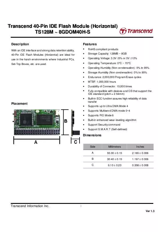 Mode d'emploi TRANSCEND IDE FLASH MODULE (40PIN HORIZONTAL)