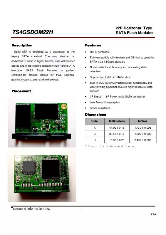 Mode d'emploi TRANSCEND SATA FLASH MODULE (HORIZONTAL 22PIN)