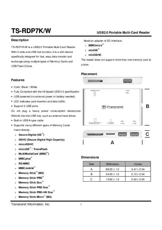 Mode d'emploi TRANSCEND TS-RDP7K