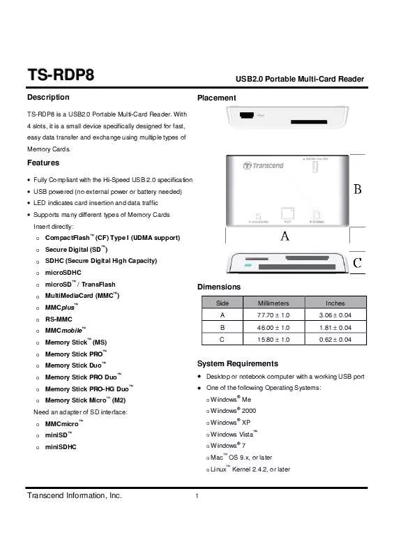 Mode d'emploi TRANSCEND TS-RDP8