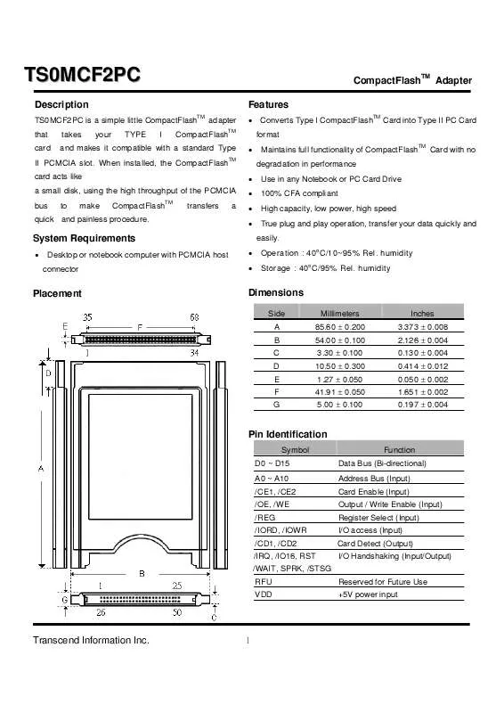 Mode d'emploi TRANSCEND TS0MCF2PC