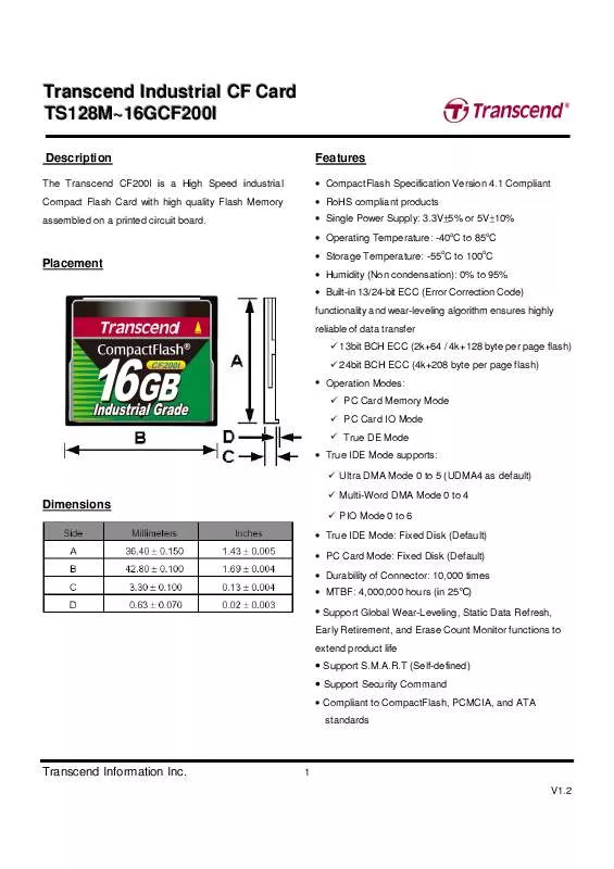 Mode d'emploi TRANSCEND TS128MCF200I