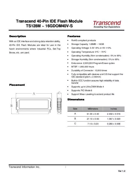 Mode d'emploi TRANSCEND TS128MDOM40V