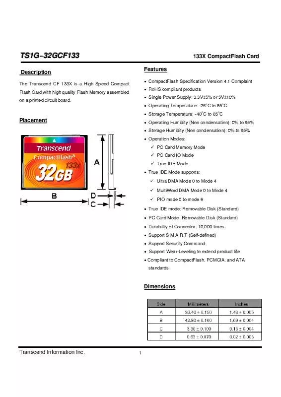 Mode d'emploi TRANSCEND TS16GCF133