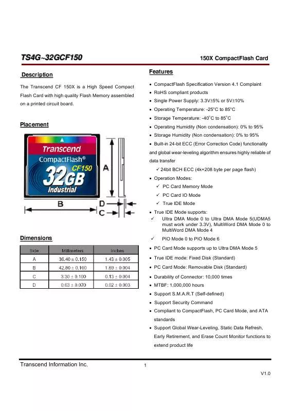 Mode d'emploi TRANSCEND TS16GCF150