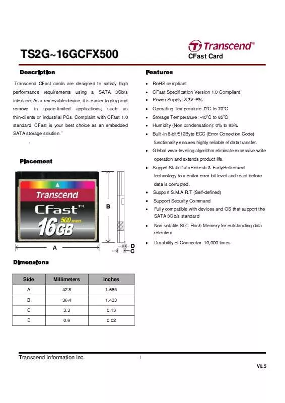 Mode d'emploi TRANSCEND TS16GCFX500