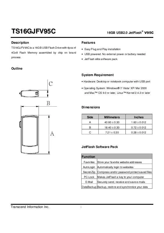 Mode d'emploi TRANSCEND TS16GJFV95C