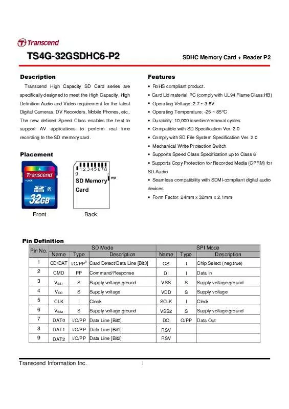 Mode d'emploi TRANSCEND TS16GSDHC6-P2