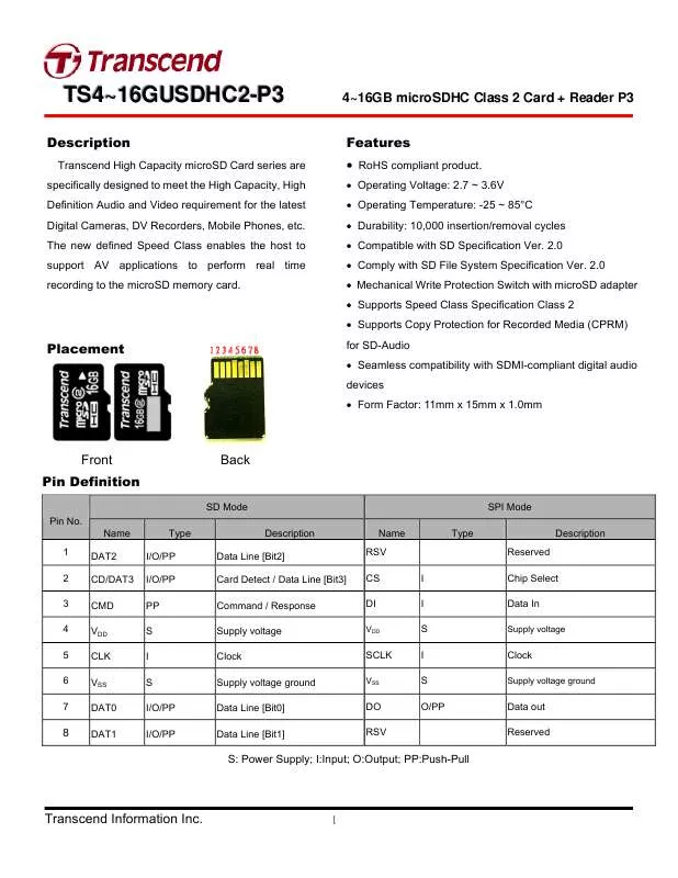 Mode d'emploi TRANSCEND TS16GUSDHC2-P3