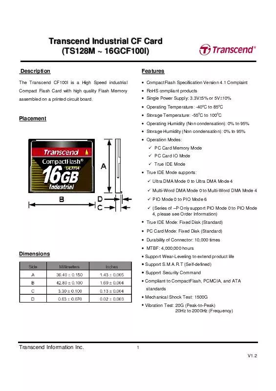 Mode d'emploi TRANSCEND TS1GCF100I-P