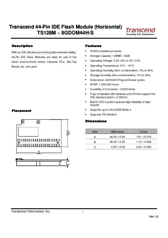 Mode d'emploi TRANSCEND TS256MDOM44H-S