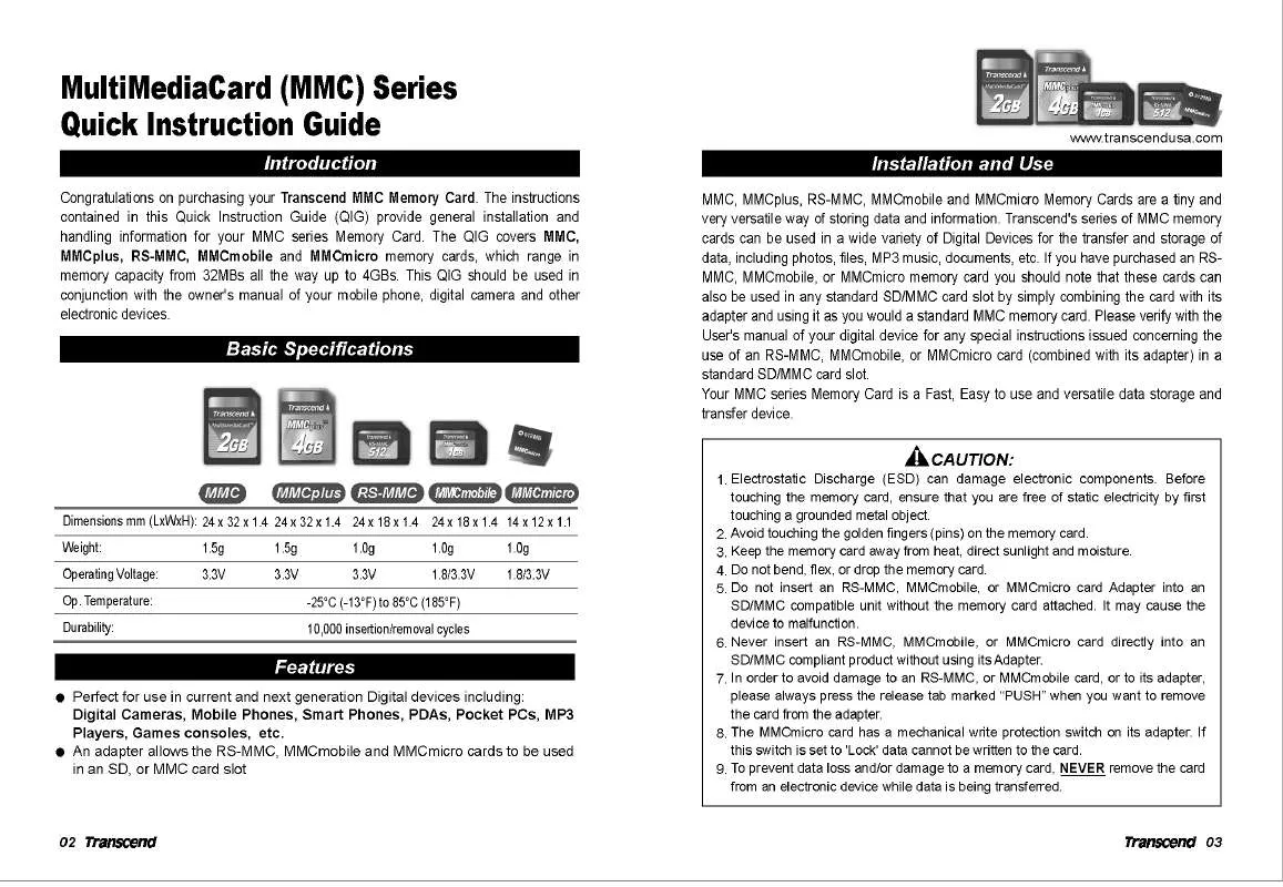 Mode d'emploi TRANSCEND TS256MMC