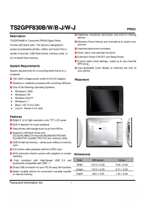 Mode d'emploi TRANSCEND TS2GPF830B