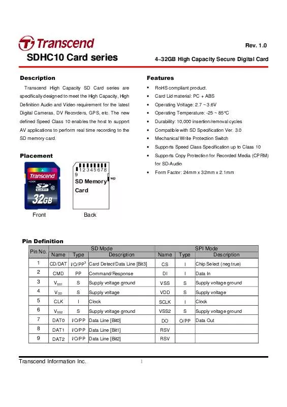 Mode d'emploi TRANSCEND TS32GSDHC10