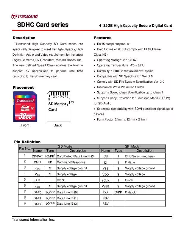 Mode d'emploi TRANSCEND TS32GSDHC2