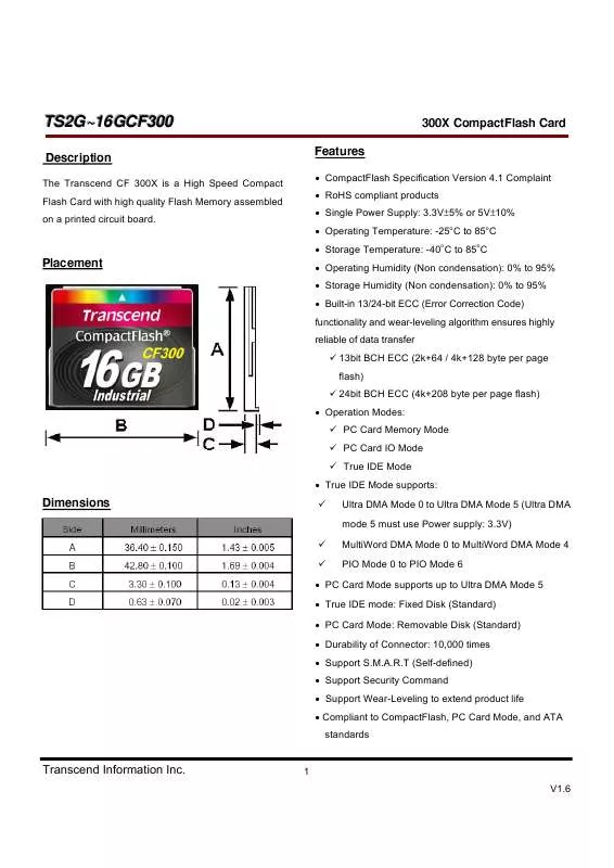 Mode d'emploi TRANSCEND TS4GCF300