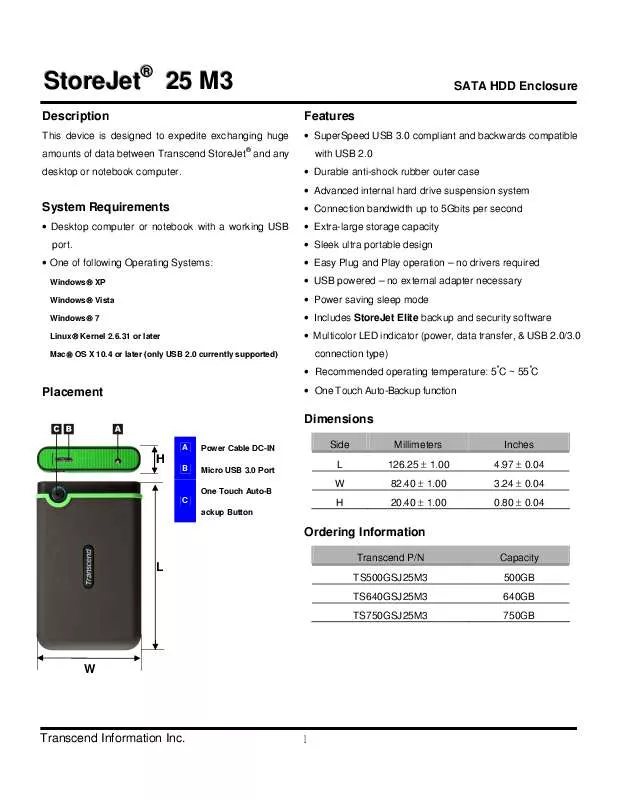 Mode d'emploi TRANSCEND TS500GSJ25M3