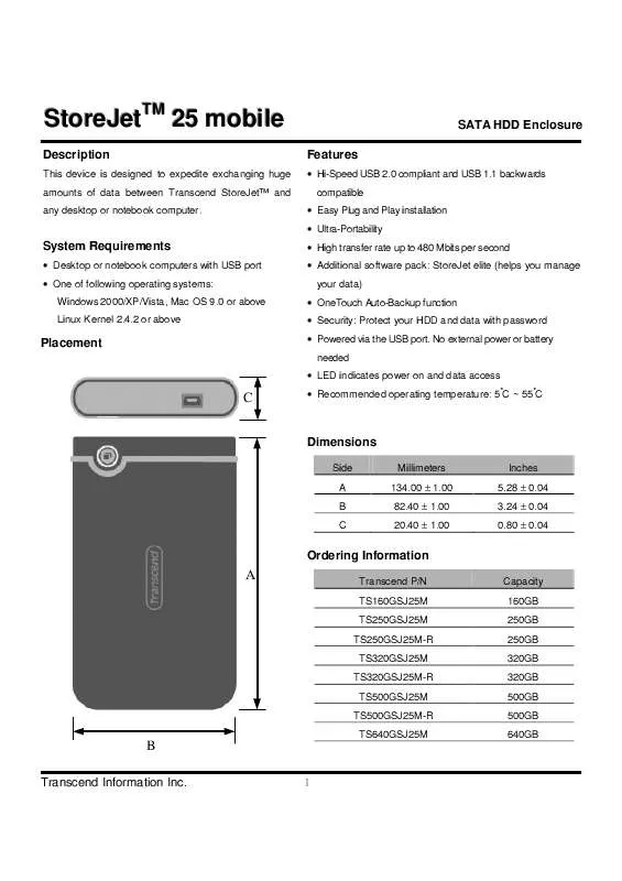 Mode d'emploi TRANSCEND TS640GSJ25M