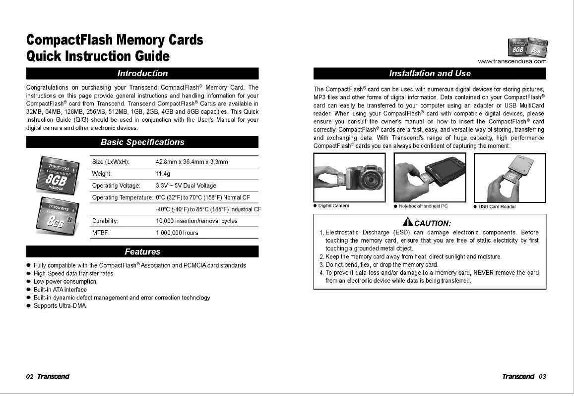 Mode d'emploi TRANSCEND TS64MFLASHCP