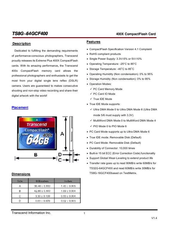 Mode d'emploi TRANSCEND TS8GCF400