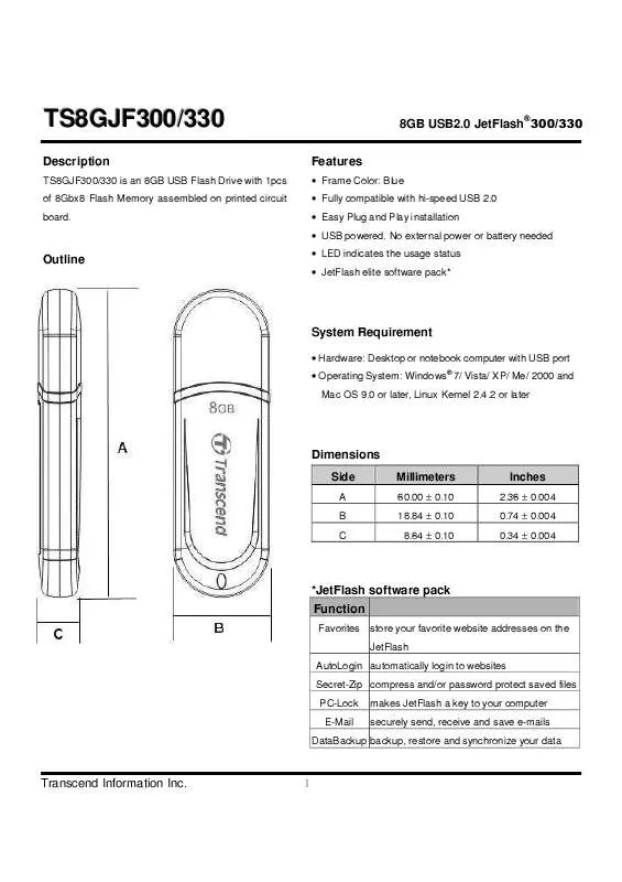 Mode d'emploi TRANSCEND TS8GJF300