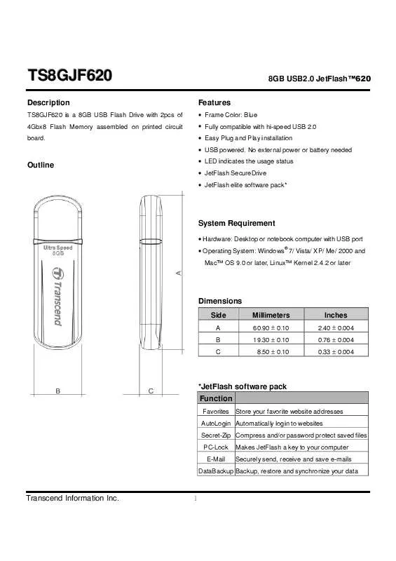 Mode d'emploi TRANSCEND TS8GJF620