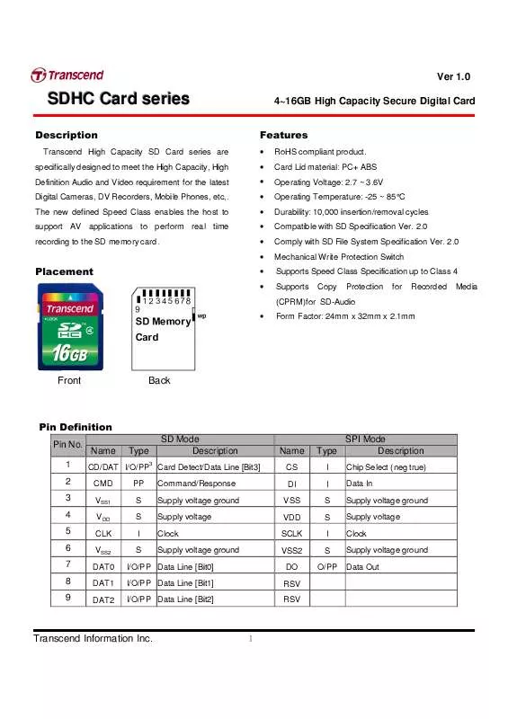 Mode d'emploi TRANSCEND TS8GSDHC4