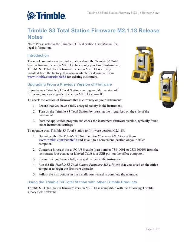 Mode d'emploi TRIMBLE S3 TOTAL STATION FIRMWARE M2.1.18