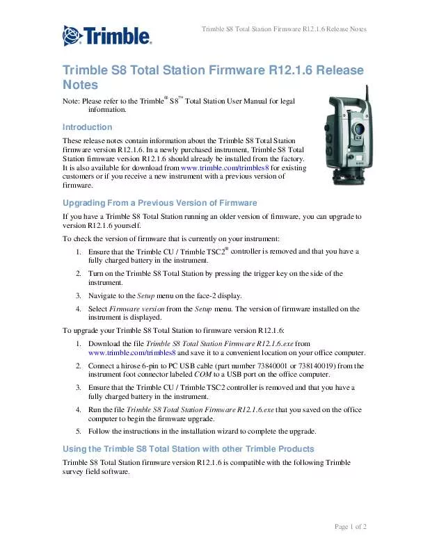 Mode d'emploi TRIMBLE S8 TOTAL STATION FIRMWARE R12.1.6