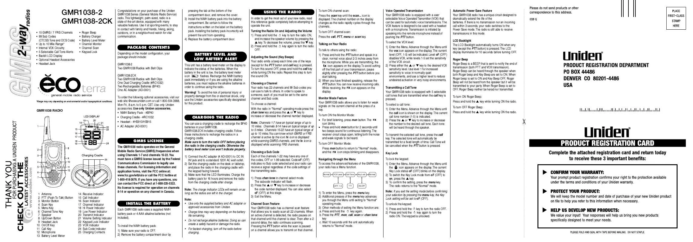 Mode d'emploi UNIDEN GMR1038-2CK