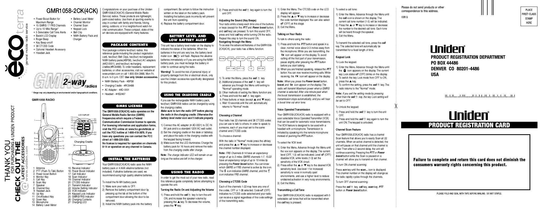 Mode d'emploi UNIDEN GMR1058-2CK