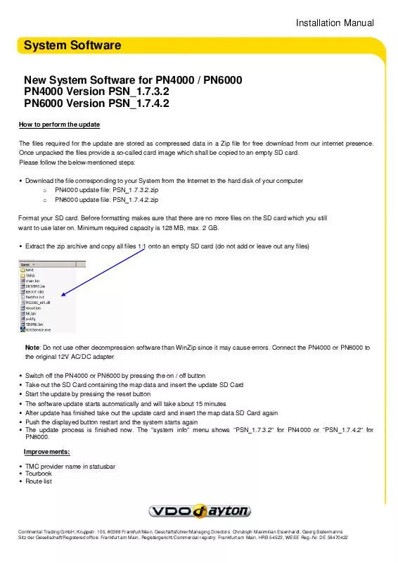 Mode d'emploi VDO DAYTON SYSTEM SOFTWARE FOR PN4000