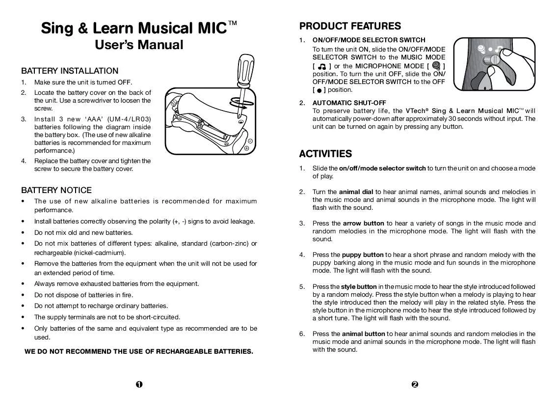 Mode d'emploi VTECH SING & LEARN MUSICAL MIC