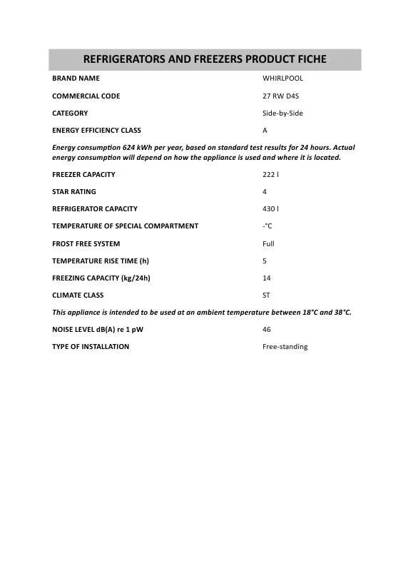 Mode d'emploi WHIRLPOOL 27 RW D4S