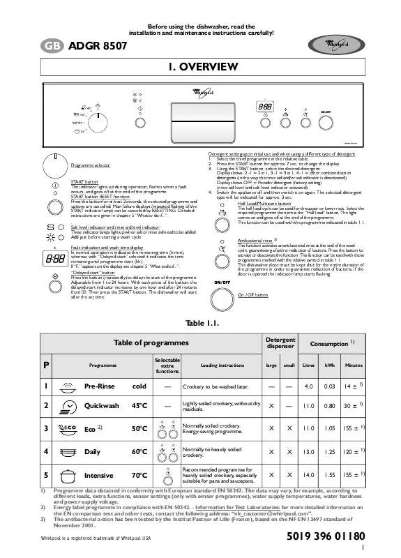 Mode d'emploi WHIRLPOOL ADGR 8507